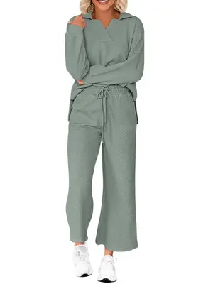 BTFBM Women 2-Piece Outfit 2025 Fall Winter Lapel V Neck Long Sleeve Pullover and Wide Leg Pants Lounge Sets Pockets #Outdoor...