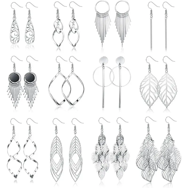 FLORIDECO 12 Pairs Drop Dangle Earrings Set for Women Girls Boho Earrings for Women Dangling Hypoallergenic Silver Tassel Ear...