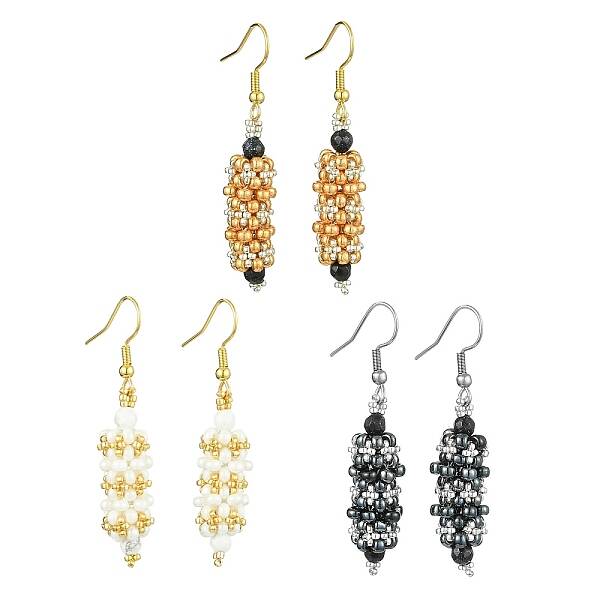 3 Pairs Oval Glass Seed Dangle Earrings