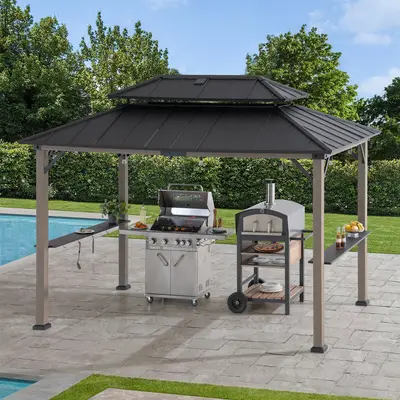 SUNJOY 8x12 Black Wood Grill Gazebo with Solar Power and Shelves