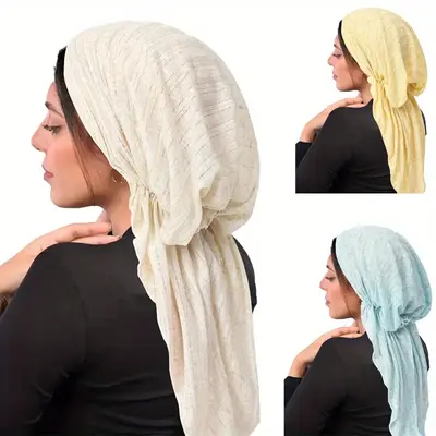 Elegant Women's Solid Color Hijab Scarf with Tails - Lightweight, Breathable Polyester | Versatile Head Wrap for Travel & E...