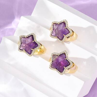 Star Natural Amethyst Cubic Zirconia Cuff Rings