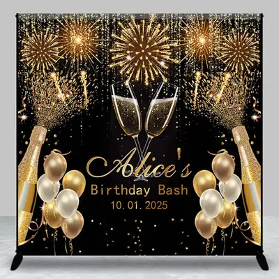 Custom Black Gold Sparkle Balloons Birthday Backdrop - Aperturee