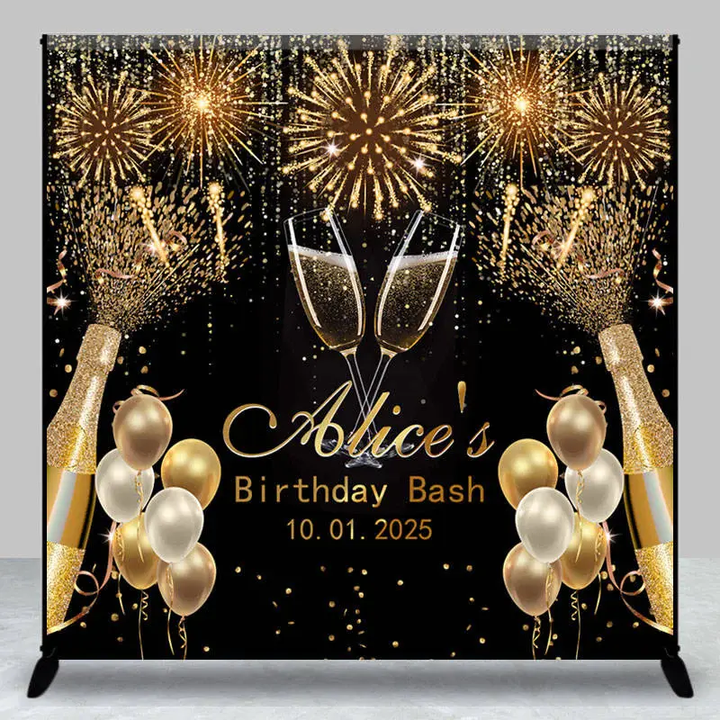 Custom Black Gold Sparkle Balloons Birthday Backdrop - Aperturee