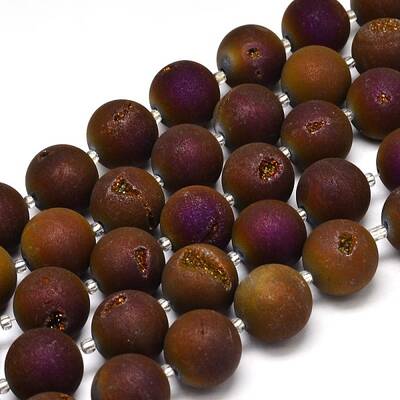 Round Electroplated Natural Druzy Geode Quartz Crystal Beads Strands