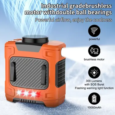 Portable 10000mAh fan, 3-in-1 outdoor fan, LED light, warning light, 3-speed cooling fan, rechargeable camping fan, suitable ...
