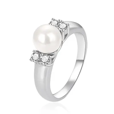 Agato Silver ring with zirconia and real pearl AGT-R07W - Circuit: 60 mm