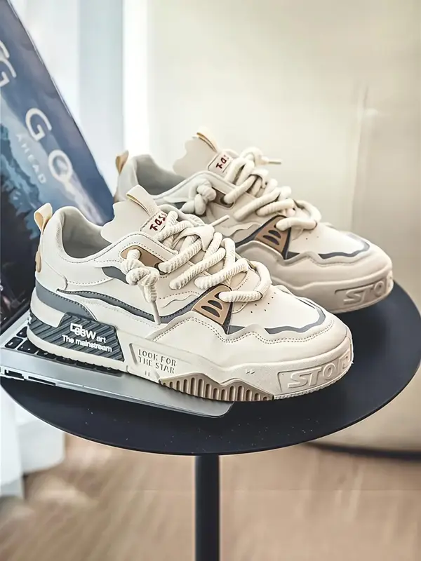 Men's Sporty Minimalist Lace Up Low Top Chunky Casual Sneakers, Fall Designer Shoes, Casual Comfort Platform Skate Shoes, Fas...