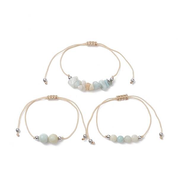 3Pcs 3 Style Natural Amazonite Braided Bead Bracelets Set