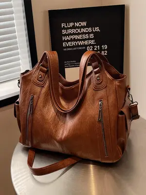 Women's Solid Color Zipper Tote Bag, Fashionable Large Capacity Shoulder Bag for Work & Daily Used, Office Shoulder Bag, Text...