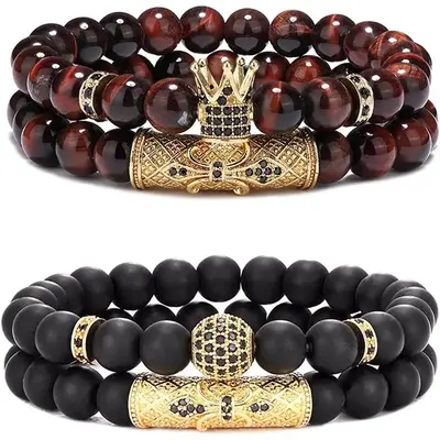 Crown King 4 Pcs 8mm Black Onyx & Tiger Eye Stone Beads Bracelet Set for Men Women High-Quality Sturdy Durable Elastic Rope B...