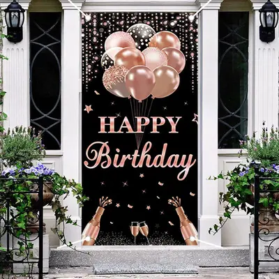 Rose Gold And Black Balloons Birthday Door Cover - Aperturee