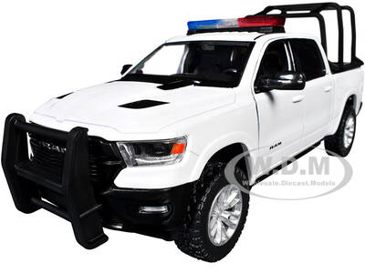 2019 RAM 1500 Laramie Crew Cab Pickup Truck with Bed Cage White with Flashing Light Bar and Front and Rear Lights and Sounds ...