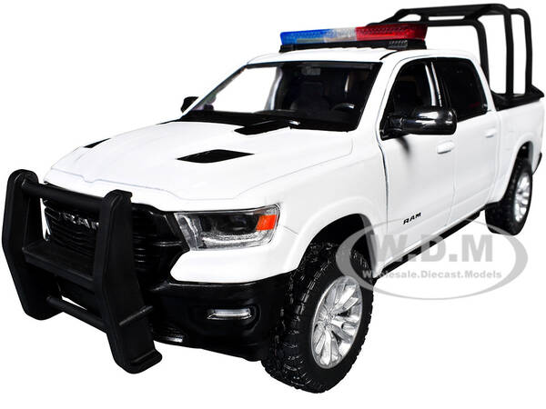 2019 RAM 1500 Laramie Crew Cab Pickup Truck with Bed Cage White with Flashing Light Bar and Front and Rear Lights and Sounds ...
