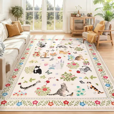 Garvee Washable Area Rug – Cat & Floral Edgeed, Non-Slip, Mark Resistant, Low Pile, Collapsible Modern Farmhouse Carpet –...