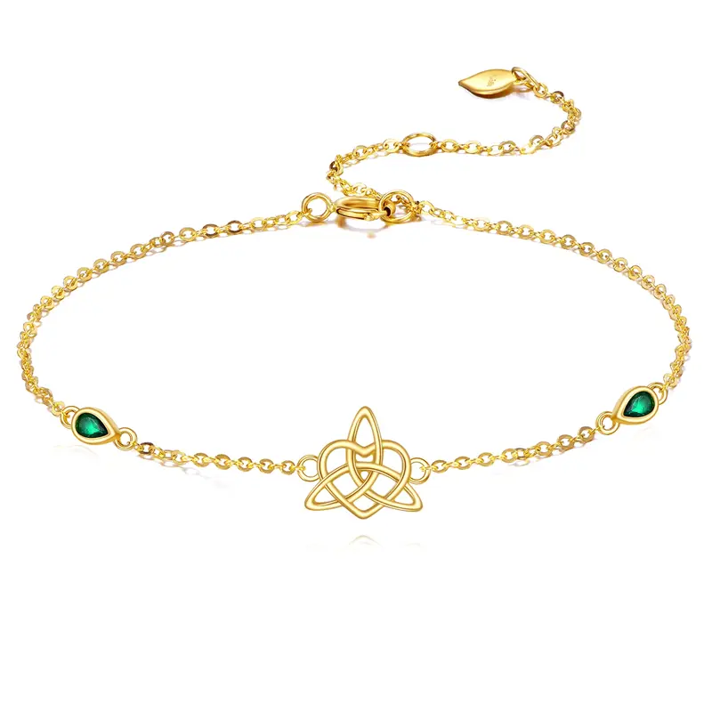 14K Gold Pear Shaped Emerald Celtic Knot Charm Bracelet