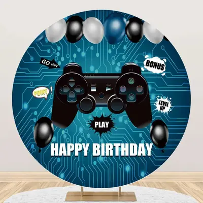 Gamepad Blue Circuit Board Round Birthday Backdrop - Aperturee