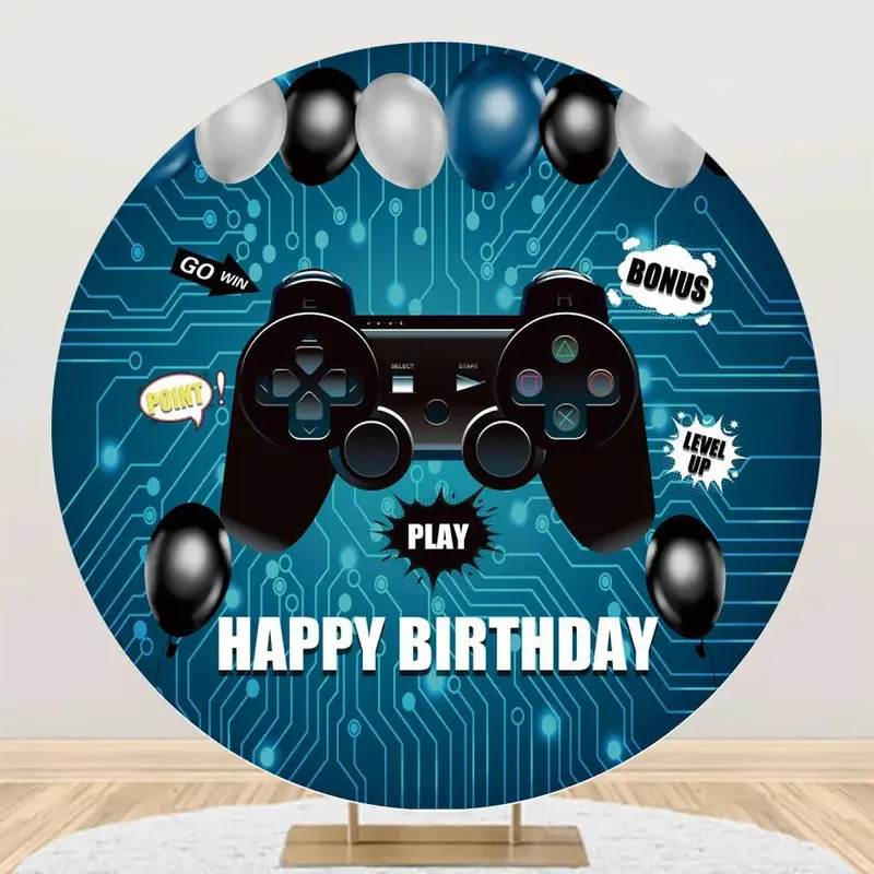 Gamepad Blue Circuit Board Round Birthday Backdrop - Aperturee