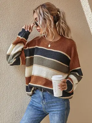 Women's Colorblock Striped Print Drop Shoulder Sweater, Casual Soft Long Sleeve Round Neck Jumper for Fall & Winter, Fashion ...