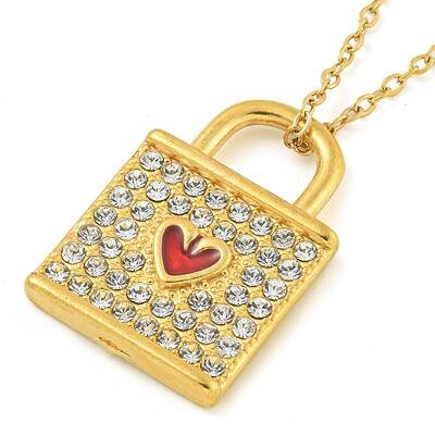 Ion Plating(IP) 304 Stainless Steel Crystal Rhinestone Lock Pendant Necklaces