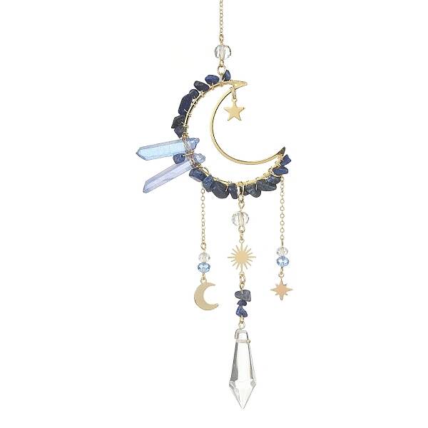 Natural Lapis Lazuli Chips & Brass Moon Pendant Decorations