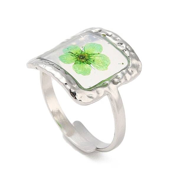 Pale Green Square Epoxy Resin with Dry Flower Adjustable Rings