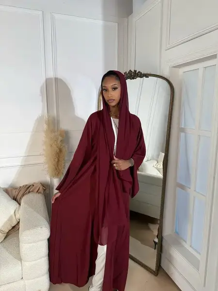 Burgundy Red Serene Linen Abaya Set - Modest Lightweight Flowy Open Design with Matching Hijab & Belt for Everyday Elegance