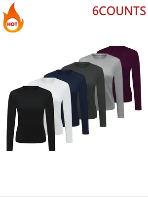 Women's Solid Round Neck Sports Thermal Underwear Top, Sporty Long Sleeve Crew Neck Top for Daily Outdoor Wear, Ladies Sports...