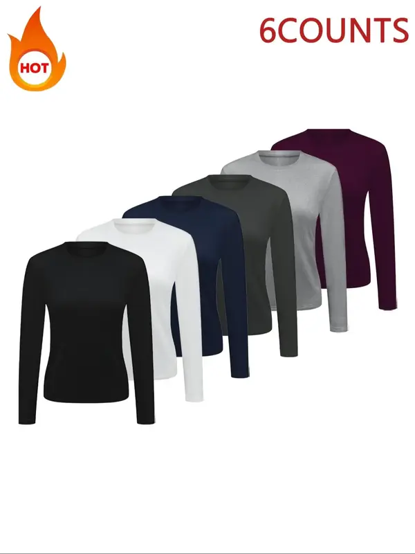 Women's Solid Round Neck Sports Thermal Underwear Top, Sporty Long Sleeve Crew Neck Top for Daily Outdoor Wear, Ladies Sports...