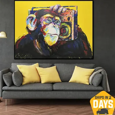 Original Monkey With Boombox Painting On Canvas Animal Hand Painted Artwork Abstract Ape | MONKEY ON STYLE 30"x40"