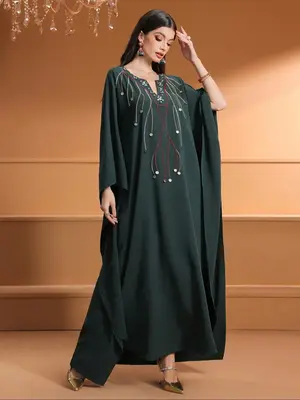 Women's Rhinestone Decor Dress, Modest Fashion Long Sleeve Dress for Daily Outdoor Wear, Women's Islamic Clothing for Spring ...
