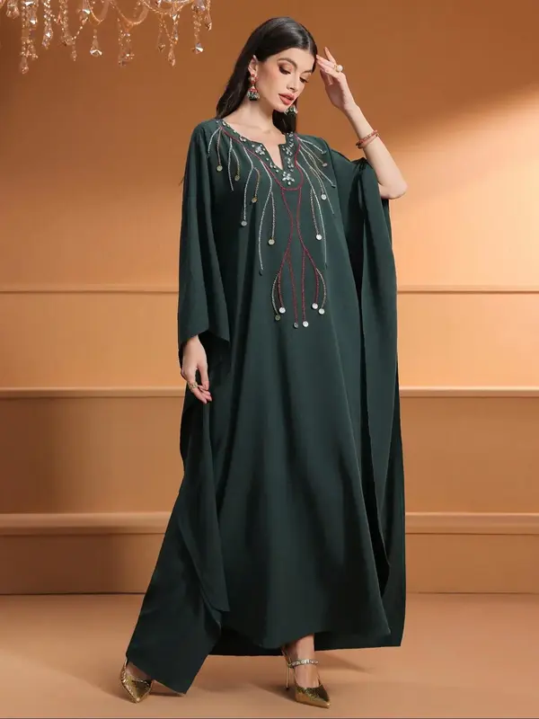 Women's Rhinestone Decor Dress, Modest Fashion Long Sleeve Dress for Daily Outdoor Wear, Women's Islamic Clothing for Spring ...
