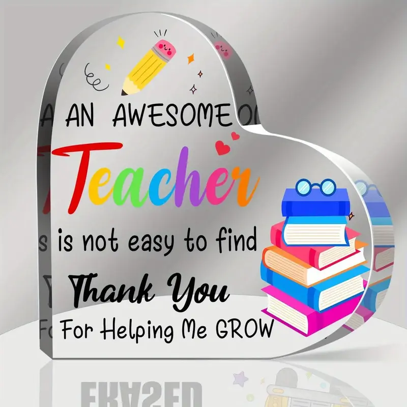 Letter & Book Pattern Acrylic Heart Shaped Ornament, 1 Count Creative Teacher Appreciation Gift, Desktop Ornament, Commemorat...