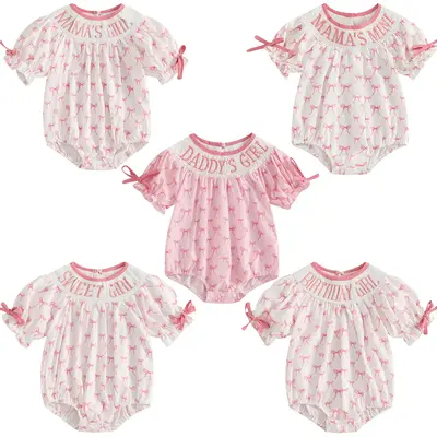 Newborn Baby Girl Romper Mamas Mini Sweet Mama's Girl Daddy's Girl Bow Plaid Print Puff Sleeve Smocked Bubble Romper Jumpsuit...