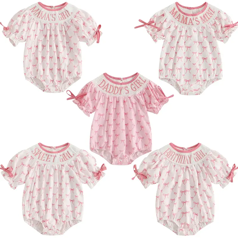 Newborn Baby Girl Romper Mamas Mini Sweet Mama's Girl Daddy's Girl Bow Plaid Print Puff Sleeve Smocked Bubble Romper Jumpsuit...