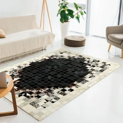 Black & Beige Cow Leather Gradient Design Patchwork Rug