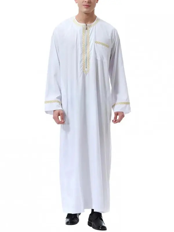 Men's Solid Color Thobe, Modest Long Sleeve Round Neck Long Robe, Muslim Clothing for Daily Wear