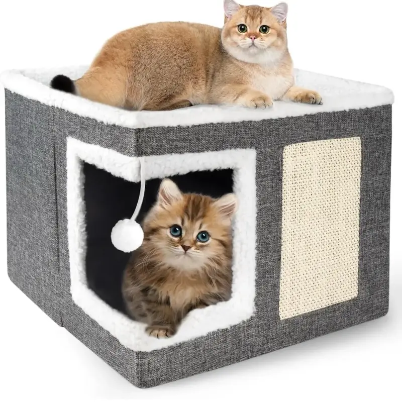 Cat Bed for Indoor Cats Cube House, Covered Cat Cave Beds & Furniture with Scratch Pad and Hideaway Tent, Cute Modern Cat Con...
