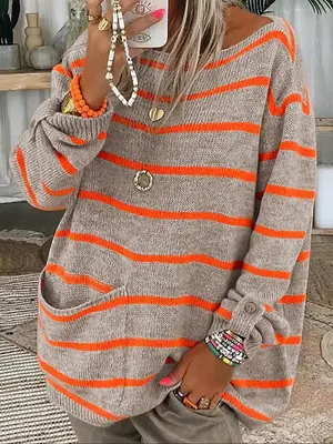 Women's Striped Print Drop Shoulder Pocket Sweater, Casual Long Sleeve Round Neck Jumper for Fall & Winter, Fashion Ladies'...