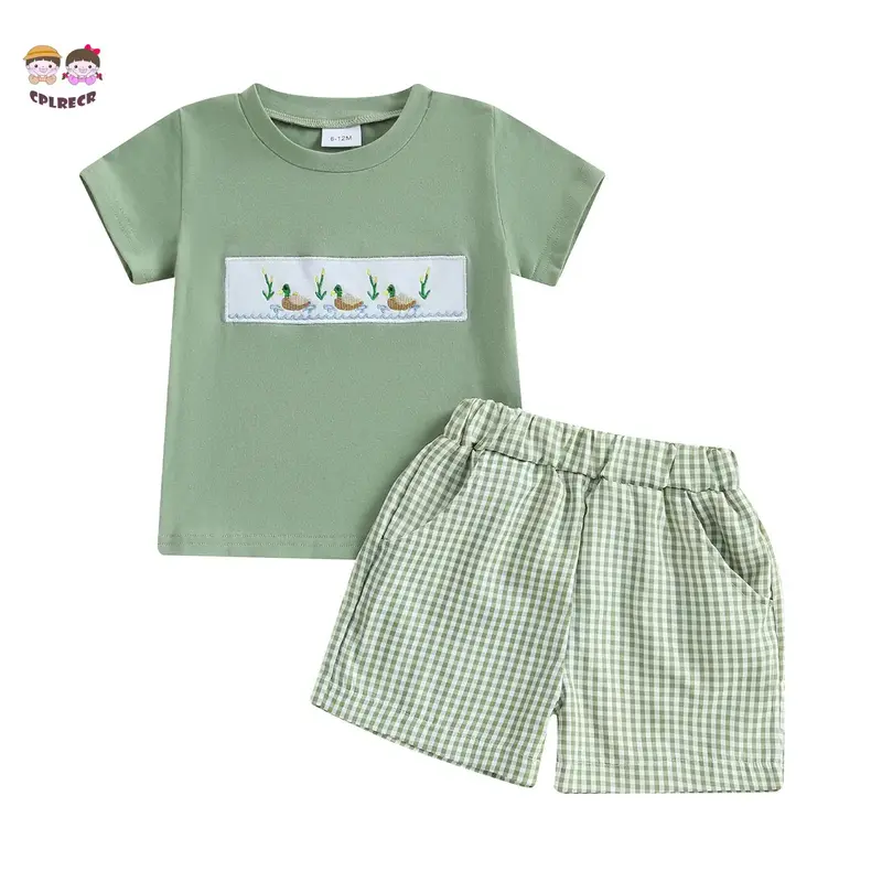 Baby Toddler Boy Shorts Set Duck Embroidery Short Sleeve T-shirts Plaid Elastic Waist Shorts 2 Piece Summer Outfit