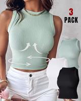 ChicMe Women 3 Piece Crewneck Racerback Ribbed Tank Tops Summer Basic Sleeveless Slim Fit Rib-knit Crop Tops
