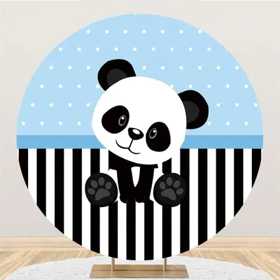 Aperturee White And Black Panda Round Blue Baby Shower Backdrop | Custom Round Backdrop Cover | Round Backdrop Stand Covers |...