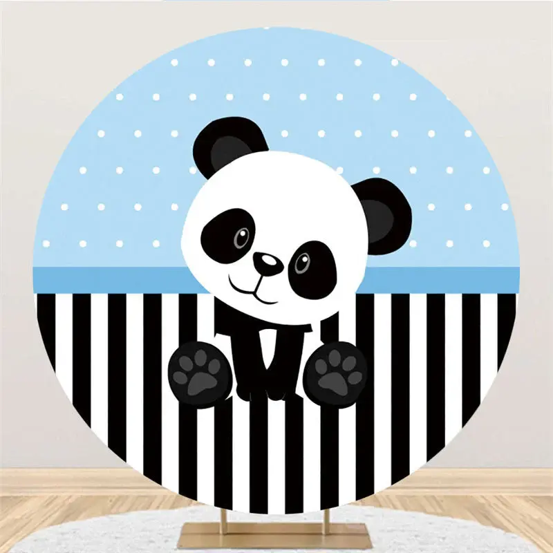 Aperturee White And Black Panda Round Blue Baby Shower Backdrop | Custom Round Backdrop Cover | Round Backdrop Stand Covers |...