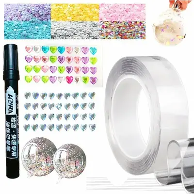 14pcs/set Nano Tape Bubble Kit, Including Nano Tape, Colorful Sequins, Marker Pen, Straws, Stickers, DIY Creative Toys, Paren...