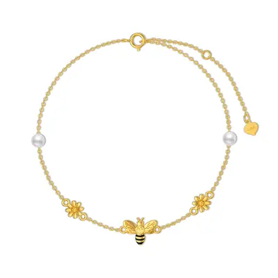 Sterling Silver with Yellow Gold Plated Pearl Bee & Daisy Charm Bracelet