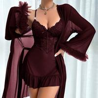 Fishbone Line Waist Lace Cami Nightdress 3D Floral Wide Sleeve Mesh Robe Set  Aesthetic Formal Elegance Casual Chic Essential...