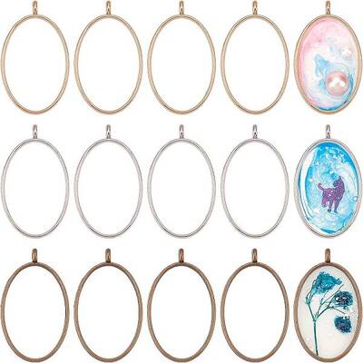 OLYCRAFT 30pcs Oval Open Bezel Charms 3-Color Alloy Frame Pendants Color-Lasting Hollow Resin Frames with Loop for Resin Jewe...