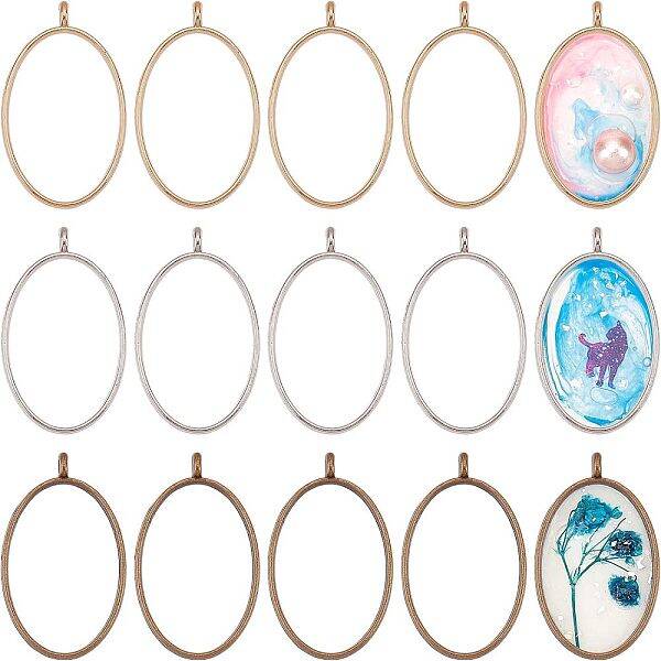 OLYCRAFT 30pcs Oval Open Bezel Charms 3-Color Alloy Frame Pendants Color-Lasting Hollow Resin Frames with Loop for Resin Jewe...