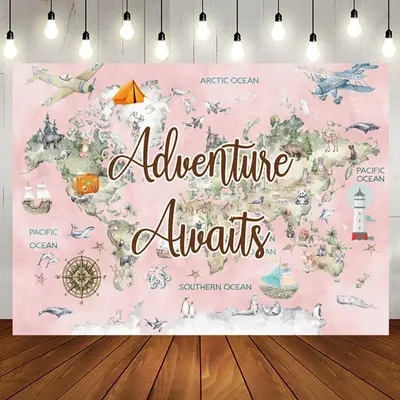 Pink World Map Travel Baby Shower Backdrop For Girl - Aperturee
