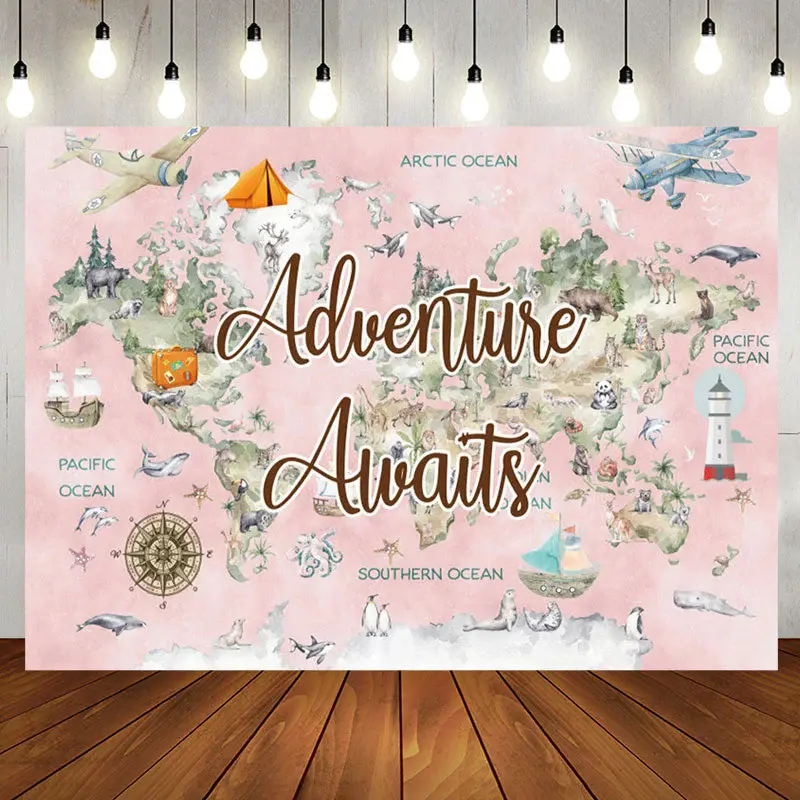 Pink World Map Travel Baby Shower Backdrop For Girl - Aperturee